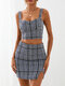 Plaid Embroidery Strap Top Slit Hem Short Skirt Bodycon Knit Suit - Blue