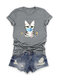 Cartoon Cat Floral Printed Short Sleeve O-Neck T-shirt - Grey