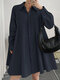 Solid Long Sleeve Lapel Button Front Casual Shirt Dress - Blue