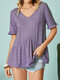 Solid Color V-neck Short Sleeve Ruffle Casual T-Shirt For Women - Purple