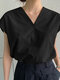 Solid V Шея Повседневная блуза с коротким рукавом - Черный