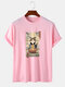 Mens Japanese Noodle Cat Graphic Short Sleeve Cotton T-Shirts - Pink