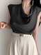 Satin Solid Cowl Neck Cap Sleeve Blouse For Women - Black