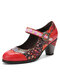 Socofy Genuine Leather Hook & Loop Comfy Retro Ethnic Floral Mary Jane Heels - Red