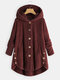 Women Solid Color Button Pocket Loose Plush Casual Coat - Wine Red