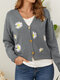 Daisy Embroidery Button Long Sleeve V-neck Knitted Cardigan - Gray