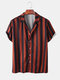 Mens Striped V Neck Single Breasted Short Sleeve Shirt - Red