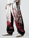 पुरुषों की जापानी पुष्प प्रिंट पैचवर्क ड्रॉस्ट्रिंग कमर सीधी पैंट - सफेद