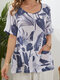 Basjooleaf Print Short Sleeve O-neck Pockets Casual T-shirt for Women - Blue