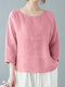 Women Solid Crew Neck Cotton Casual 3/4 Sleeve Blouse - Pink