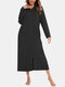 Plus Size Women Cotton Solid Zip Front Long Sleeve Hooded Nightdress With Pockets - Black