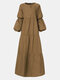 Solid Color Patchwork Long Sleeve Casual Dress For Women - Khaki