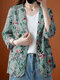 Floral Printed Pockets 3/4 Sleeve Casual Jacket - Blue