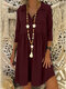 Solid Color 3/4 Sleeve Lapel Casual Dress For Women - Wine Red
