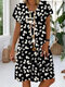 Daisy Floral Print Short Sleeve Loose V-neck Dress For Women - Black
