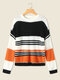 Stripe Long Sleeve Loose Crew Neck Knit Sweater - Orange