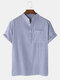 Men Cotton Bubble Pit Striped Chest Pocket Stand Collar Casual Henry shirt - Blue
