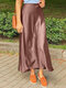 Women Satin Solid Color Side Zip Casual Skirt - Brown