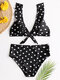 Women High Waist Bikini Polka Dot Tie Front Flounce Sleeves Swimwear - Black