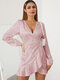 Solid Jacquard Ruffle Tie Cross Front Long Sleeve Dress - Pink