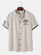 Mens Letter Number Print Striped Baseball Collar Corduroy Short Sleeve Shirts - Apricot