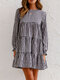 Vestido de manga comprida com estampa xadrez para mulheres - Preto