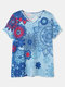 Calico Print Short Sleeve V-neck Pocket Casual T-Shirt For Women - Blue