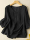 Damen-Bluse aus Baumwolle mit Spitzenbesatz, V-Ausschnitt, einfarbig, 3/4-Ärmel - Schwarz