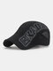 Men Mesh Hollow Out Letters Print Sunshade Breathable Forward Hat Beret Hat Flat Hat - Black