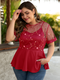 Embroidery  Mesh Patchwork O-neck Plus Size T-shirt for Women - Red