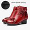 SOCOFY Retro Genuine Leather Stitching Solid Color Handmade Flowers Soft Low Heel Short Boots - Red1
