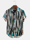 Mens Abstract Striped Print Patch Pocket Short Sleeve Shirts - Green