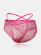 Women Jacquard Lace Trim Low Waist Criss Cross See Through Sexy Panties - Pink