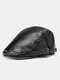 Collrown Men Faux Leather Retro Solid Color Flat Cap Universal All-match Forward Hat Beret Hat - Black