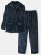 Mens Plush Texture Lapel Button Front Warm Loungewear Pajamas Sets With Pocket - Navy