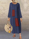 Casual Patchwork Crewneck Long Sleeve Plus Size Dress - Blue