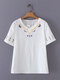 Embroidery V-neck Short Sleeve Vintage T-shirt For Women - White