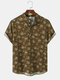 Mens Vintage Ditsy Floral Print Stand Collar Short Sleeve Henley Shirts - Brown