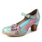 SOCOFY Floral Leather Buckle Ankle Strap Chunky Heel Pumps Mary Jane Dress Shoes - Blue