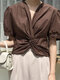 Solid Color Twist Pleats Knot Back Zipper Elegant Blouse - Brown
