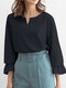 Women Solid Notched Neck Casual Long Sleeve Blouse - Dark Blue