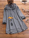 Cat Print Striped Patchwork Hooded Fake Two Pieces Plus Size Blouse - Grey