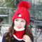 Womens Winter Warmer Knitted Beanie Cap And Neck Collar Scarves Set With Fur Pompom Flexible Hat - Red