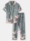 Mens Crane Print Revere Collar Faux Silk Cozy Short Sleeve Pajamas Sets - Gray