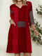 فستان كاجوال بأكمام طويلة وجيب منقوش بطبعة مغايرة اللون للنساء - أحمر