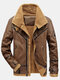 Mens Zip Front Patched Sherpa Lined Thicken PU Biker Jacket With Pocket - Brown