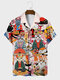Mens Allover Japanese Cat Sushi Print Revere Collar Short Sleeve Shirts - Multi Color