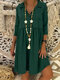 Casual Solid Color Lapel Button 3/4 Sleeve Plus Size Dress - Green