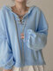 Fake Two Pieces Bandage Front Loose Puff Long Sleeve Hoodie - Blue