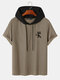 Mens Gothic Letter Embroidered Knit Short Sleeve Hooded T-Shirts - Khaki